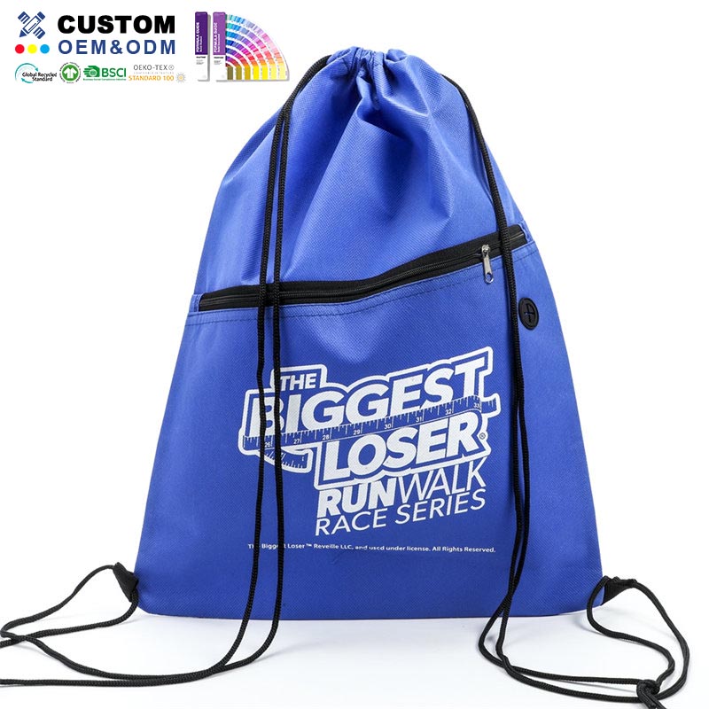 Borsa blu con coulisse con slot per auricolari integrato